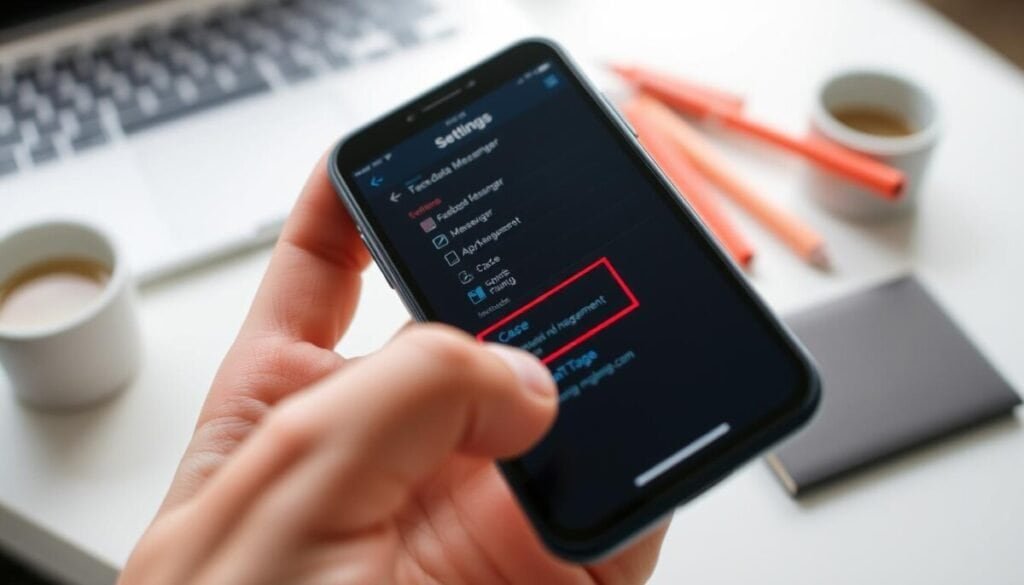 A close-up of a smartphone screen displaying a Facebook Messenger app interface, emphasizing the settings menu related to app data management and cache. The foreground features the phone held in a hand, with well-groomed fingers, showcasing a professional look. The middle ground captures the vivid, recognizable icons of the Messenger app, highlighting the cache management options with vibrant colors. Soft, diffused lighting gently illuminates the screen, creating a tech-savvy atmosphere. In the background, a blurred workspace is visible—subtle hints of a laptop and stationery to imply a productive environment. The overall mood conveys a sense of organization and efficiency, making the viewer feel ready to troubleshoot their messaging issues in a calm, focused setting. A close-up of a smartphone screen displaying a Facebook Messenger app interface, emphasizing the settings menu related to app data management and cache. The foreground features the phone held in a hand, with well-groomed fingers, showcasing a professional look. The middle ground captures the vivid, recognizable icons of the Messenger app, highlighting the cache management options with vibrant colors. Soft, diffused lighting gently illuminates the screen, creating a tech-savvy atmosphere. In the background, a blurred workspace is visible—subtle hints of a laptop and stationery to imply a productive environment. The overall mood conveys a sense of organization and efficiency, making the viewer feel ready to troubleshoot their messaging issues in a calm, focused setting.