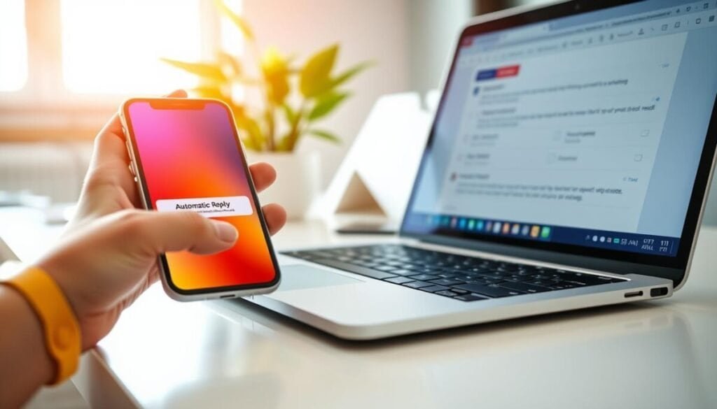A close-up scene depicting a smartphone and a laptop on a sleek, modern desk, symbolizing automatic replies. In the foreground, the smartphone screen displays a colorful interface with an automatic reply notification, while the laptop shows an email interface with similar settings. The middle layer features a gentle hand reaching out to the devices, highlighting user interaction. The background consists of a softly blurred workspace with a plant and a bright window, allowing natural sunlight to illuminate the scene. The atmosphere is professional yet relaxed, conveying the ease of using technology for managing automatic responses. Soft focus and a warm color palette enhance the inviting mood, suitable for a work environment.