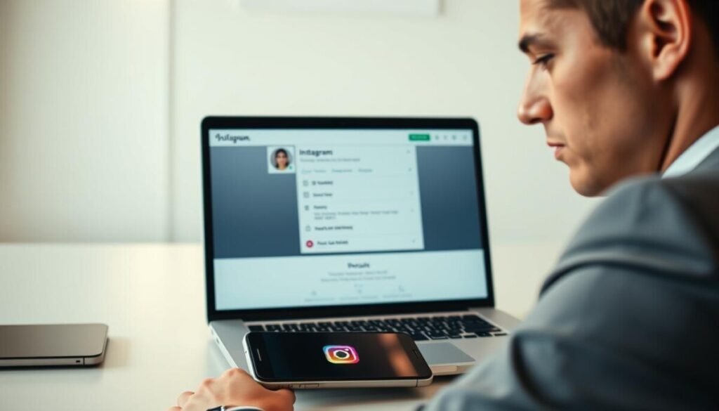 A close-up scene of a professional individual, dressed in smart business attire, seated at a modern desk with a laptop open displaying the Instagram interface. The foreground shows their focused expression as they navigate the "verify identity" screen, highlighting security features like ID upload options. In the middle, a smartphone is on the desk, showcasing the Instagram logo. The background features a sleek office environment with soft, natural lighting filtering through a window, creating a calm and productive atmosphere. The mood is one of determination and professionalism, emphasizing the importance of identity verification on social media. The angle captures the workspace from a slightly elevated perspective, adding depth to the scene.