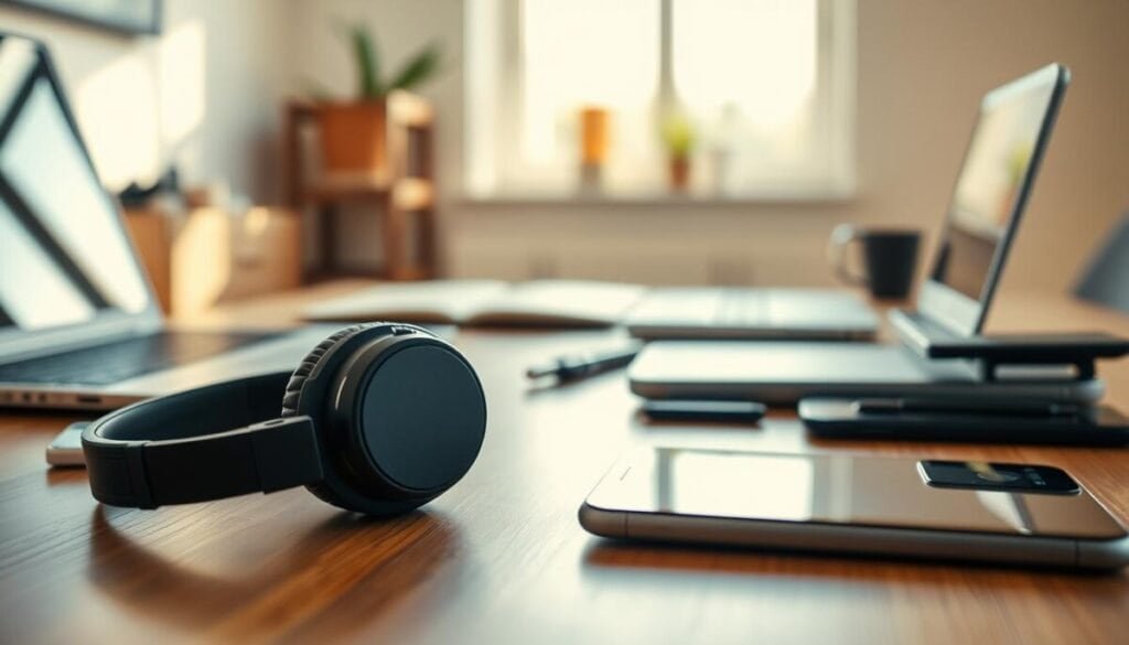 A close-up shot of stylish, modern Bluetooth headphones resting on a sleek wooden desk cluttered with various tech gadgets—a smartphone, a laptop, and a tablet. The headphones are prominently displayed in the foreground, with a soft focus effect enhancing them. In the middle ground, subtle icons representing different platforms like music and calls are faintly visible as digital outlines, suggesting connectivity. The background features a warm, inviting workspace bathed in natural light coming through a window, reflecting a calm and productive atmosphere. The image uses a soft depth of field to create a professional mood that emphasizes the theme of troubleshooting audio issues in a tech-savvy environment, while avoiding any distractions or clutter. A close-up shot of stylish, modern Bluetooth headphones resting on a sleek wooden desk cluttered with various tech gadgets—a smartphone, a laptop, and a tablet. The headphones are prominently displayed in the foreground, with a soft focus effect enhancing them. In the middle ground, subtle icons representing different platforms like music and calls are faintly visible as digital outlines, suggesting connectivity. The background features a warm, inviting workspace bathed in natural light coming through a window, reflecting a calm and productive atmosphere. The image uses a soft depth of field to create a professional mood that emphasizes the theme of troubleshooting audio issues in a tech-savvy environment, while avoiding any distractions or clutter.