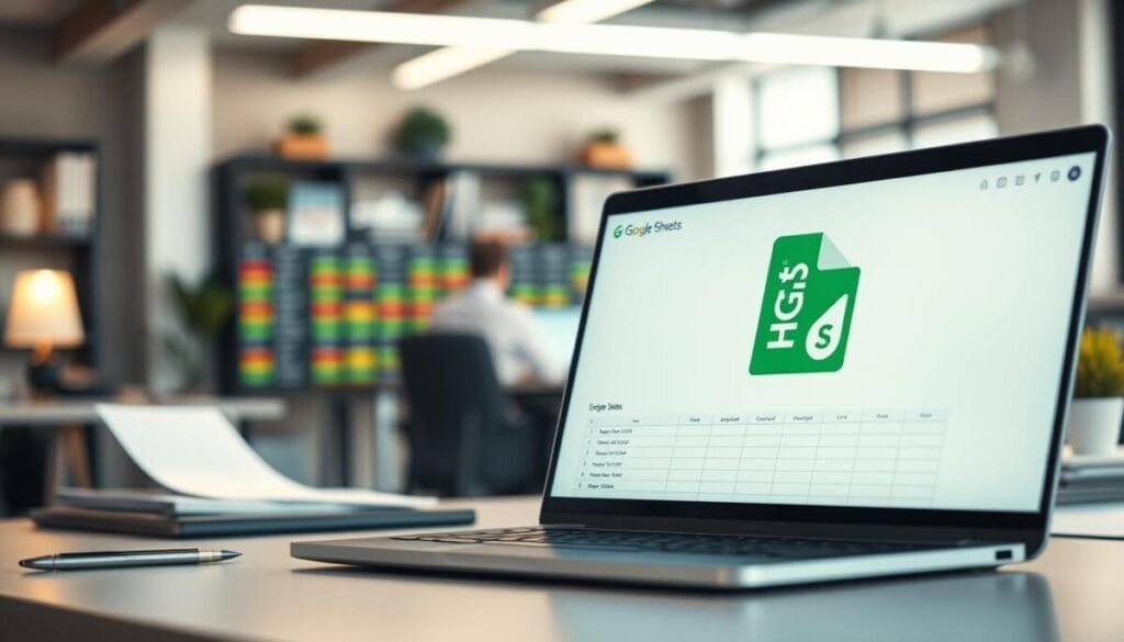 A close-up view of a Google Sheets interface displaying a vibrant, organized table with colorful cells. The foreground features a glowing computer screen with the Google Sheets logo prominently displayed, showcasing logged messages about Slack status changes. In the middle ground, a sleek laptop sits on a tidy desk with office supplies and a modern workspace environment. A soft, warm light illuminates the scene, creating a focused, productive atmosphere. In the background, a few blurred elements of a busy office, such as bookshelves and potted plants, can be seen, suggesting an active work environment. The overall mood should be professional and engaging, emphasizing the integration of technology in everyday tasks. A close-up view of a Google Sheets interface displaying a vibrant, organized table with colorful cells. The foreground features a glowing computer screen with the Google Sheets logo prominently displayed, showcasing logged messages about Slack status changes. In the middle ground, a sleek laptop sits on a tidy desk with office supplies and a modern workspace environment. A soft, warm light illuminates the scene, creating a focused, productive atmosphere. In the background, a few blurred elements of a busy office, such as bookshelves and potted plants, can be seen, suggesting an active work environment. The overall mood should be professional and engaging, emphasizing the integration of technology in everyday tasks.