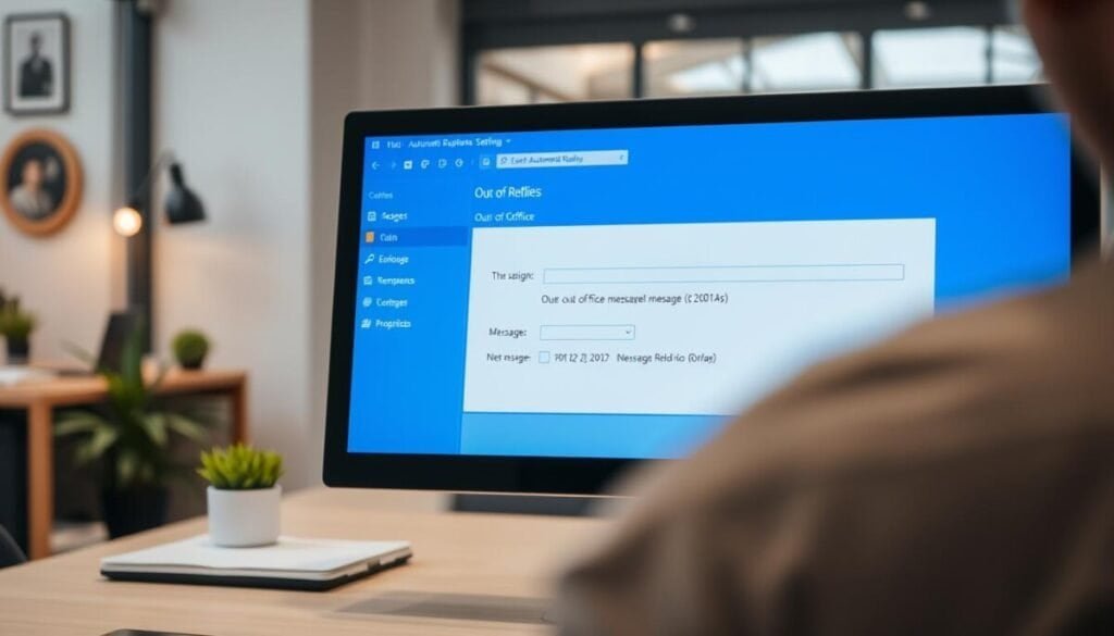 A close-up view of a classic Microsoft Outlook interface, showcasing the "Automatic Replies" settings window. The foreground features a sleek computer screen displaying a vibrant blue background with white interface elements, emphasizing a professional and organized layout. In the middle, show the "Out of Office" message configuration section, with clearly defined fields such as date ranges and custom messages. The background should be a modern office setting with blurred elements like a desk, plants, and soft lighting, creating a warm, inviting atmosphere. Use a slightly angled perspective, as if viewed over a user’s shoulder, enhancing the feeling of engagement and focus on the interface. The overall mood is productive and professional, encouraging viewers to learn and apply the concepts depicted.