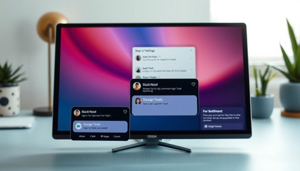 A close-up view of a computer desktop displaying a series of vibrant app notifications, emphasizing the muted comment notifications feature for enhanced focus. In the foreground, sleek notification pop-ups in a modern design, showcasing various app icons like Slack and design tools. The middle ground features a clean and organized desktop background with a serene color palette, perhaps a soft blue or gray, to promote a calm work atmosphere. The background includes a softly blurred workspace with a minimalist desk setup, a laptop, and a stylish plant to indicate a professional environment. The lighting is soft and natural, suggesting a bright midday setting, creating an overall mood of productivity and control over digital distractions. A close-up view of a computer desktop displaying a series of vibrant app notifications, emphasizing the muted comment notifications feature for enhanced focus. In the foreground, sleek notification pop-ups in a modern design, showcasing various app icons like Slack and design tools. The middle ground features a clean and organized desktop background with a serene color palette, perhaps a soft blue or gray, to promote a calm work atmosphere. The background includes a softly blurred workspace with a minimalist desk setup, a laptop, and a stylish plant to indicate a professional environment. The lighting is soft and natural, suggesting a bright midday setting, creating an overall mood of productivity and control over digital distractions.