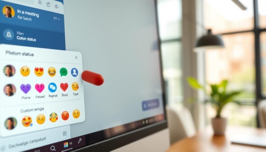 A close-up view of a computer screen displaying Google Chat with a custom status feature active. In the foreground, focus on the status dropdown menu showcasing various colorful status icons like "In a meeting," "Out for lunch," and custom emojis. The middle layer highlights a user selecting an emoji that represents their current mood, with their hand poised over the mouse. The background features a modern office setting with soft, natural lighting filtering through a nearby window, creating a warm and inviting atmosphere. Utilize a shallow depth of field to emphasize the screen while softly blurring the background, capturing the essence of productivity and communication in a professional environment. A close-up view of a computer screen displaying Google Chat with a custom status feature active. In the foreground, focus on the status dropdown menu showcasing various colorful status icons like "In a meeting," "Out for lunch," and custom emojis. The middle layer highlights a user selecting an emoji that represents their current mood, with their hand poised over the mouse. The background features a modern office setting with soft, natural lighting filtering through a nearby window, creating a warm and inviting atmosphere. Utilize a shallow depth of field to emphasize the screen while softly blurring the background, capturing the essence of productivity and communication in a professional environment.
