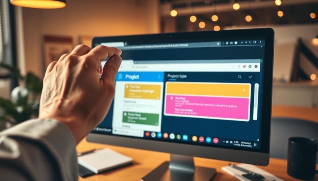 A close-up view of a computer screen displaying Google Chrome with various tabs organized into colorful groups. In the foreground, a hand reaches out to drag one tab, visibly transitioning from one group to another. The tabs are labeled with project-related titles, exhibiting a clean and organized interface. In the middle, there are clearly defined tab groups in vibrant colors, distinctively showing how they can be moved around. The background features a soft-focus office environment with warm lighting that suggests a productive atmosphere, and a modern desk setup including a notebook and a coffee mug. The overall mood is focused and motivational, capturing the ease of managing tabs for project-based work. A close-up view of a computer screen displaying Google Chrome with various tabs organized into colorful groups. In the foreground, a hand reaches out to drag one tab, visibly transitioning from one group to another. The tabs are labeled with project-related titles, exhibiting a clean and organized interface. In the middle, there are clearly defined tab groups in vibrant colors, distinctively showing how they can be moved around. The background features a soft-focus office environment with warm lighting that suggests a productive atmosphere, and a modern desk setup including a notebook and a coffee mug. The overall mood is focused and motivational, capturing the ease of managing tabs for project-based work.