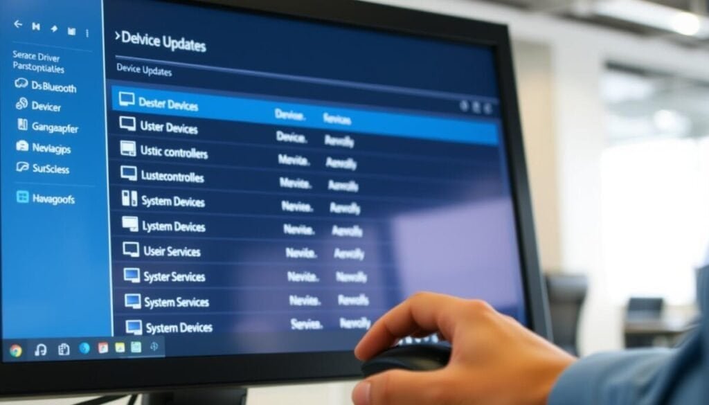 A close-up view of a computer screen displaying a "Device Manager" interface, with a clear focus on various device listings including Bluetooth devices, USB controllers, and system services. The foreground features bright, crisp icons representing different devices, organized in a grid layout. In the middle ground, a person's hands can be seen using a mouse to navigate, dressed in smart casual attire. The background is softly blurred, showing a modern office environment with ambient lighting that creates a focused atmosphere. The scene captures the essence of managing driver updates, with bright screen reflections adding a touch of technology. The overall mood is professional and informative, emphasizing clarity and organization.