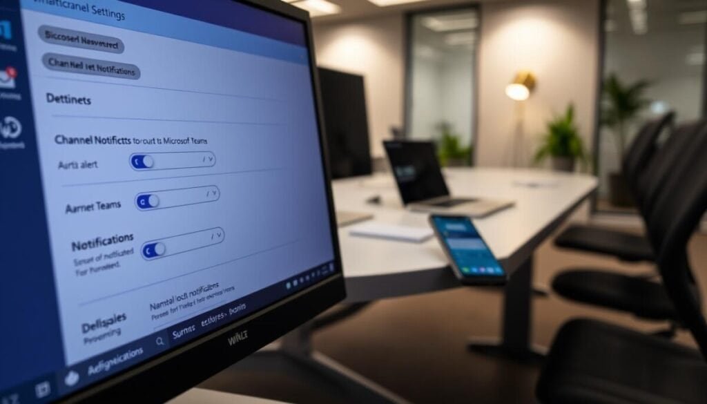A close-up view of a computer screen displaying a Microsoft Teams interface, focusing on channel notifications settings. In the foreground, various alert options are visible, like toggles and dropdown menus, labeled with vivid colors for clarity. The middle layer showcases a sleek workspace with a modern desk, a laptop, and a smartphone receiving notifications. In the background, an office environment with soft lighting creates a professional atmosphere, enhancing focus on the screen. The lighting highlights the screen’s digital elements while casting gentle shadows on the desk, giving depth to the scene. The overall mood is one of productivity and organization, evoking a sense of ease in managing digital communications. A close-up view of a computer screen displaying a Microsoft Teams interface, focusing on channel notifications settings. In the foreground, various alert options are visible, like toggles and dropdown menus, labeled with vivid colors for clarity. The middle layer showcases a sleek workspace with a modern desk, a laptop, and a smartphone receiving notifications. In the background, an office environment with soft lighting creates a professional atmosphere, enhancing focus on the screen. The lighting highlights the screen’s digital elements while casting gentle shadows on the desk, giving depth to the scene. The overall mood is one of productivity and organization, evoking a sense of ease in managing digital communications.