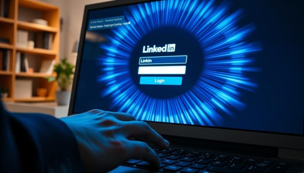 A close-up view of a computer screen displaying a browser login page for LinkedIn, showing the login fields and a 'login' button. In the foreground, a pair of hands wearing smart casual attire is positioned over the keyboard, eagerly typing. The middle section features a vibrant glowing blue and white color scheme emanating from the screen, creating a sense of focus and urgency. In the background, a softly blurred office environment is visible, hinting at a professional atmosphere with bookshelves and a potted plant. Dim, focused lighting highlights the screen while soft shadows add depth, conveying a feeling of determination and technical diligence to troubleshoot and fix login issues.