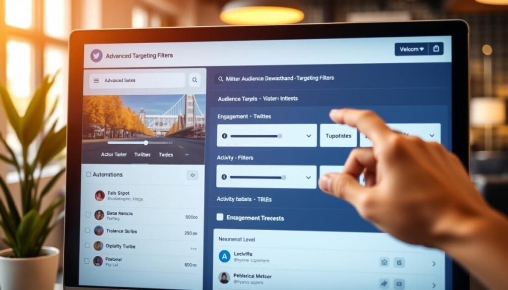 A close-up view of a computer screen displaying a sophisticated dashboard for Twitter automation, featuring multiple advanced targeting filters. The foreground showcases clearly defined graphical elements such as sliders, dropdown menus, and checkboxes labeled with various audience demographics, interests, and activity metrics. In the middle ground, a hand adjusts a slider labeled "Engagement Level," demonstrating user interaction. The background presents a blurred office setting with soft-focused elements like a potted plant and modern office furniture, conveying a professional atmosphere. The lighting is warm and inviting, creating a welcoming mood. Use a shallow depth of field to emphasize the dashboard while maintaining a polished look, ensuring no text or branding is visible.