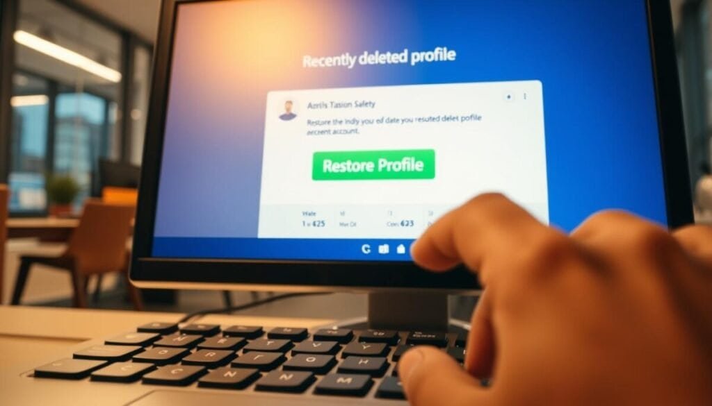 A close-up view of a computer screen displaying a user-friendly interface for restoring a recently deleted profile. In the foreground, fingers are poised over a keyboard, ready to execute a recovery action. In the middle, the screen prominently features a vibrant, colorful "Restore Profile" button surrounded by visual indicators of account activity—such as checkmarks and timelines reflecting recent logins. The background should include a softly blurred modern office space, with warm lighting creating a focused, professional atmosphere. The perspective should suggest an engaging interaction with the technology, emphasizing a sense of urgency and resolve in handling account safety. The overall mood should inspire confidence and clarity in navigating account recovery steps.