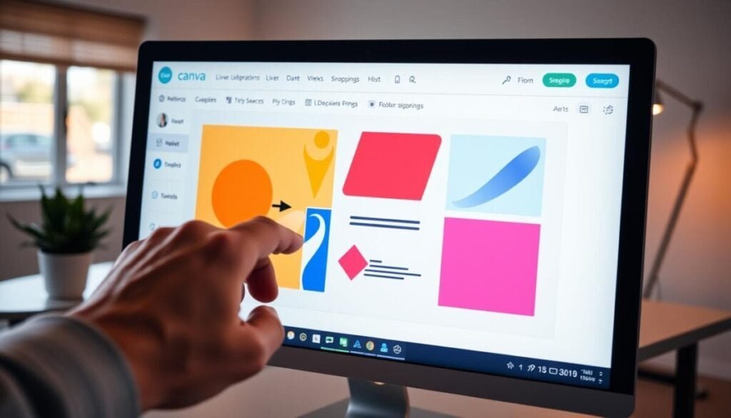 A close-up view of a computer screen displaying the Canva interface, showcasing the "snapping" feature in action. The foreground includes a hand clicking a button to toggle off the live collaboration pings. In the middle, vibrant design elements like colorful shapes and text boxes are aligned perfectly, illustrating the snapping feature. The background shows a modern workspace with a sleek desk, a potted plant, and ambient light from a nearby window, creating a warm atmosphere. The lighting is soft and inviting, emphasizing the usability of Canva. The angle is slightly tilted to focus on the interaction, capturing the essence of productivity and creativity in a professional setting. A close-up view of a computer screen displaying the Canva interface, showcasing the "snapping" feature in action. The foreground includes a hand clicking a button to toggle off the live collaboration pings. In the middle, vibrant design elements like colorful shapes and text boxes are aligned perfectly, illustrating the snapping feature. The background shows a modern workspace with a sleek desk, a potted plant, and ambient light from a nearby window, creating a warm atmosphere. The lighting is soft and inviting, emphasizing the usability of Canva. The angle is slightly tilted to focus on the interaction, capturing the essence of productivity and creativity in a professional setting.