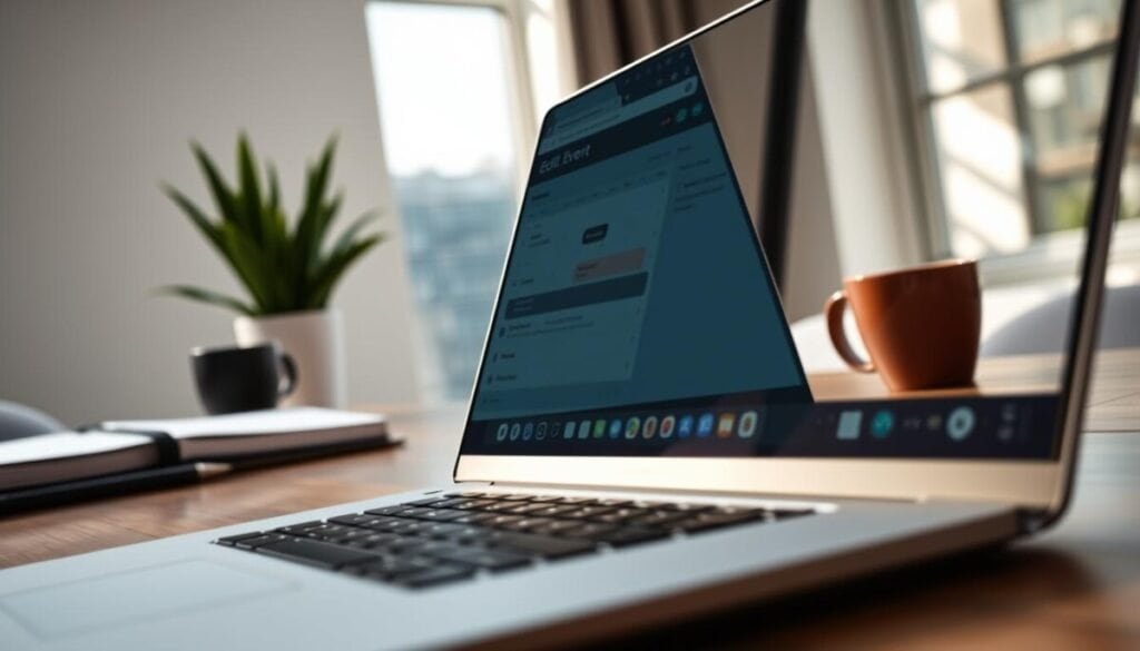 A close-up view of a computer screen displaying the Zoom desktop app's interface, focused on the "Edit Event" section for recurring meetings. The foreground features a sleek laptop with a high-resolution display, showing a user-friendly calendar view filled with scheduled meetings. The middle background includes a professional workspace, with a notepad, a coffee mug, and a potted plant, subtly emphasizing a productive atmosphere. Soft, natural lighting illuminates the scene from a nearby window, creating a warm, inviting mood. The angle is slightly tilted, offering a dynamic perspective that showcases the app's functionality. No people are present in the image; the focus remains solely on the Zoom app interface, promoting a sense of organization and efficiency in managing recurring meetings. A close-up view of a computer screen displaying the Zoom desktop app's interface, focused on the "Edit Event" section for recurring meetings. The foreground features a sleek laptop with a high-resolution display, showing a user-friendly calendar view filled with scheduled meetings. The middle background includes a professional workspace, with a notepad, a coffee mug, and a potted plant, subtly emphasizing a productive atmosphere. Soft, natural lighting illuminates the scene from a nearby window, creating a warm, inviting mood. The angle is slightly tilted, offering a dynamic perspective that showcases the app's functionality. No people are present in the image; the focus remains solely on the Zoom app interface, promoting a sense of organization and efficiency in managing recurring meetings.