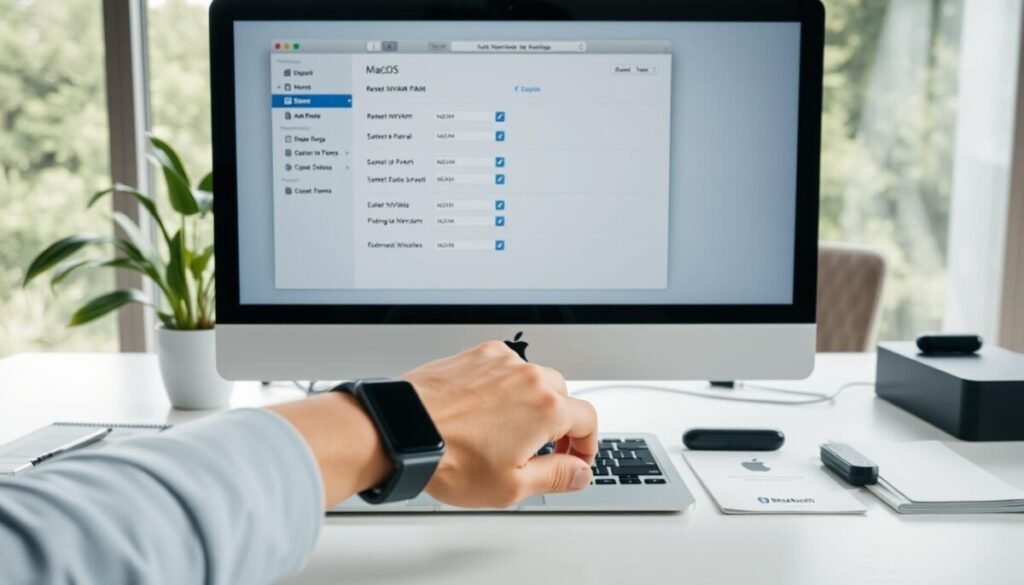 A close-up view of a computer screen displaying the macOS system settings, specifically the Reset NVRAM and PRAM options, neatly arranged in a sleek, modern office environment. In the foreground, a hand wearing a smart watch gently hovers over a MacBook keyboard, indicating interaction. The middle ground features a minimalist desk with the MacBook alongside technical manuals and a Bluetooth device. The background includes soft, natural lighting filtering through a large window with a view of greenery outside, creating a calm and focused atmosphere. The image should evoke a sense of clarity and professionalism, with a depth of field that softly blurs the background while keeping the foreground sharply in focus.