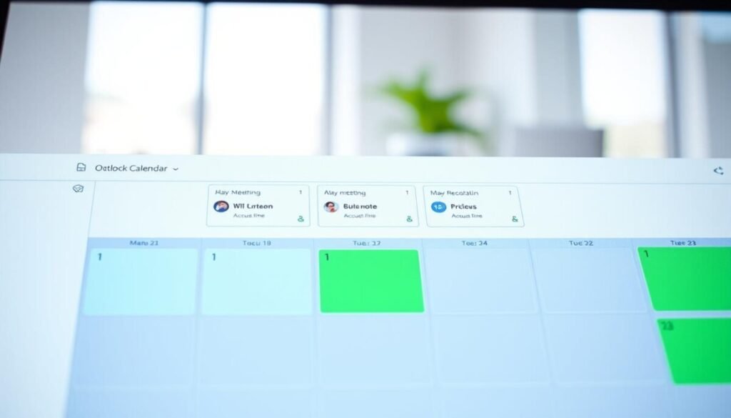 A close-up view of a digital calendar interface, specifically focusing on the Outlook calendar with visible time blocks dedicated to meeting-free periods. The foreground displays well-defined time slots in bright colors, such as light blue or green, to signify focus time. In the middle ground, semi-transparent windows show upcoming tasks and events, maintaining a clutter-free layout. The background consists of a subtle office environment lightly blurred, emphasizing the calendar. Soft, natural lighting filters through a window, creating a calm and productive atmosphere. The image conveys organization and productivity, perfect for illustrating effective time management within a professional setting.