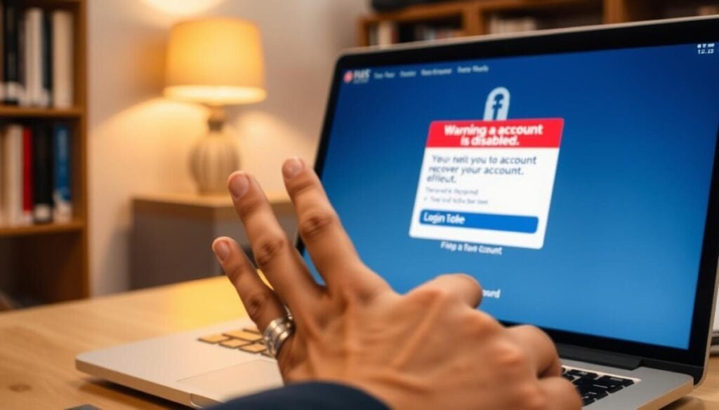 A close-up view of a digital device, such as a laptop or smartphone, displaying the Facebook login page with a prominent warning banner indicating that the account is disabled. In the foreground, focus on a frustrated user’s hands, possibly wearing professional attire, paused above the device as if contemplating the next steps to recover their account. The background softens into an office setting, with blurred shelves of books and a warm lamp casting a soft glow to create a supportive atmosphere. Use a shallow depth of field to emphasize the digital device while keeping the environment slightly out of focus. The lighting should be warm and inviting, conveying a sense of hope and determination amidst the frustrations of dealing with account recovery. A close-up view of a digital device, such as a laptop or smartphone, displaying the Facebook login page with a prominent warning banner indicating that the account is disabled. In the foreground, focus on a frustrated user’s hands, possibly wearing professional attire, paused above the device as if contemplating the next steps to recover their account. The background softens into an office setting, with blurred shelves of books and a warm lamp casting a soft glow to create a supportive atmosphere. Use a shallow depth of field to emphasize the digital device while keeping the environment slightly out of focus. The lighting should be warm and inviting, conveying a sense of hope and determination amidst the frustrations of dealing with account recovery.