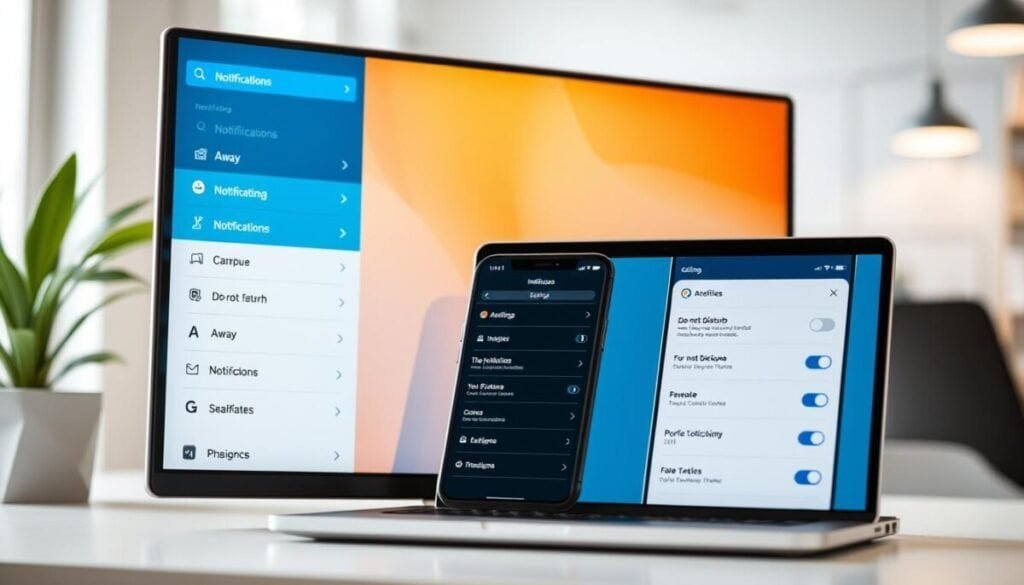 A close-up view of a digital interface displaying notification settings for a communication application, featuring sleek icons and toggles for “Do Not Disturb” and “Away” modes. The foreground showcases a modern desktop screen with vibrant colors and well-organized menus, emphasizing clarity and usability. In the middle, a smartphone sits beside the laptop, illustrating the mobile version of the notification settings. The background consists of a light, stylish office environment with subtle details like a potted plant and soft-focus desk items. Bright, ambient lighting creates a professional yet relaxed atmosphere, highlighting the tech-savvy nature of adjusting settings. The image should convey a sense of efficiency and ease of navigation, appealing to users eager to manage their notifications. A close-up view of a digital interface displaying notification settings for a communication application, featuring sleek icons and toggles for “Do Not Disturb” and “Away” modes. The foreground showcases a modern desktop screen with vibrant colors and well-organized menus, emphasizing clarity and usability. In the middle, a smartphone sits beside the laptop, illustrating the mobile version of the notification settings. The background consists of a light, stylish office environment with subtle details like a potted plant and soft-focus desk items. Bright, ambient lighting creates a professional yet relaxed atmosphere, highlighting the tech-savvy nature of adjusting settings. The image should convey a sense of efficiency and ease of navigation, appealing to users eager to manage their notifications.