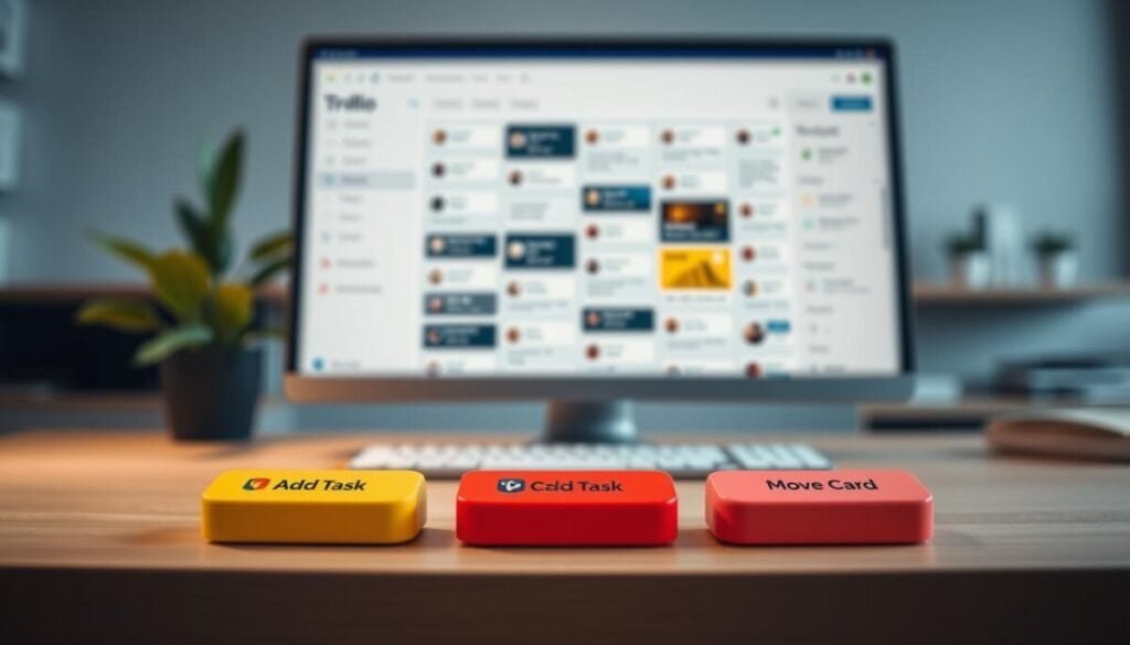 A close-up view of a digital workspace showcasing Trello card buttons, positioned prominently in the foreground. Each button is vividly colored with intuitive icons, representing different automation actions such as 'Add Task', 'Complete', and 'Move Card'. In the middle ground, a sleek computer screen displays a Trello board filled with organized tasks and lists, emphasizing productivity. Soft, ambient lighting illuminates the scene, creating a focused and inspiring atmosphere. The background features a modern office setup with a blurred desk and plant for a touch of greenery, enhancing the professional feel. The overall composition is clean and minimalistic, conveying a sense of efficiency and motivation in a business context. A close-up view of a digital workspace showcasing Trello card buttons, positioned prominently in the foreground. Each button is vividly colored with intuitive icons, representing different automation actions such as 'Add Task', 'Complete', and 'Move Card'. In the middle ground, a sleek computer screen displays a Trello board filled with organized tasks and lists, emphasizing productivity. Soft, ambient lighting illuminates the scene, creating a focused and inspiring atmosphere. The background features a modern office setup with a blurred desk and plant for a touch of greenery, enhancing the professional feel. The overall composition is clean and minimalistic, conveying a sense of efficiency and motivation in a business context.