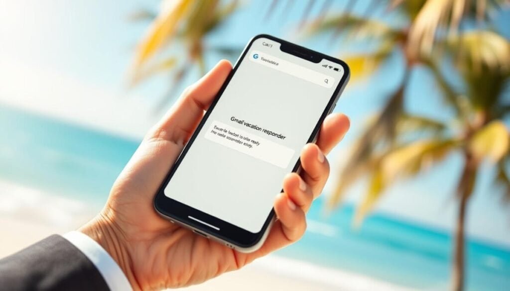 A close-up view of a hand holding a smartphone displaying a Gmail vacation responder interface. The screen shows a vibrant, user-friendly design with a clear auto-reply message typed out, symbolizing a summer vacation theme. The background features a softly blurred beach scene with gentle waves and palm trees under a bright blue sky, creating a relaxed and inviting atmosphere. The lighting is warm and sunny, suggesting a cheerful vacation mood. The hand should be depicted in a professional business attire, ensuring a modern and organized look that reflects the tech-savvy audience. Use a shallow depth of field to emphasize the phone while lightly blurring the background elements.