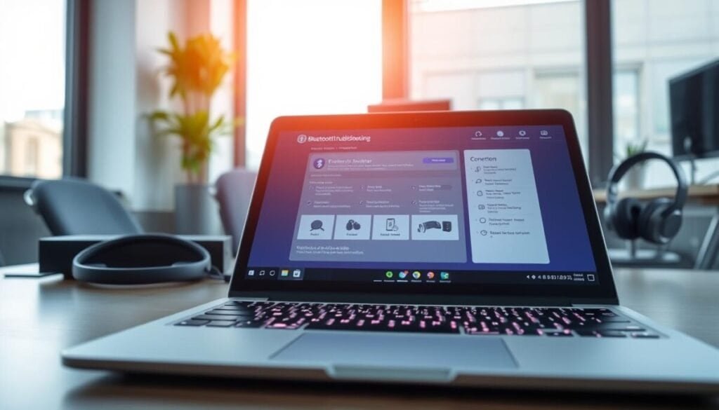 A close-up view of a laptop screen displaying a Bluetooth troubleshooting interface, set in a modern, professional office environment. In the foreground, a sleek laptop keyboard with glowing keys adds a touch of high-tech ambiance. The middle layer features a bright, user-friendly software tool on the laptop screen, showing various Bluetooth device options and connection graphics. In the background, a blurred view of a neatly organized office desk with a Bluetooth speaker and headphones suggests technology in use. Soft, natural lighting filters through a nearby window, creating a calm and focused atmosphere. The overall mood should convey professionalism and innovation, ideal for troubleshooting Bluetooth issues.