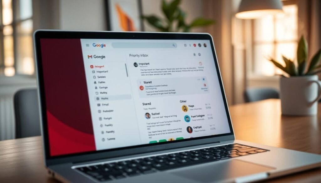 A close-up view of a modern Gmail interface displaying the Priority Inbox layout on a sleek, minimalist laptop screen. The foreground features vibrant email icons—important messages highlighted in bold and visually distinct colors. In the middle, an organized inbox layout demonstrates categorized emails: "Important," "Starred," and "Other," each section neatly separated. The background shows a stylish office environment, softly blurred, with a clean desk adorned by a potted plant and a steaming coffee cup, adding to a serene workspace vibe. Warm, natural lighting filters through a nearby window, creating an inviting atmosphere. The overall mood should convey focus and productivity, emphasizing efficiency in email management.