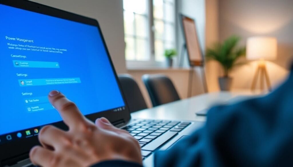 A close-up view of a modern Windows laptop displaying its power management settings screen, highlighted with a soft blue glow emanating from the display, emphasizing the importance of power adjustments. In the foreground, a hand (dressed in professional business attire) is adjusting the laptop's settings, showing engagement with the technology. The middle background features a subtle, blurred office environment with elements such as a potted plant and a desk lamp, creating a calm and focused atmosphere. Natural light filters in through a window, casting gentle shadows, enhancing the serenity of the scene. The overall mood is professional and solution-oriented, reflecting the theme of resolving Bluetooth connectivity issues through power management tweaks.