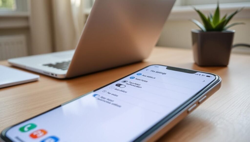 A close-up view of a modern mobile device, displaying a settings screen that highlights two-factor authentication options. The foreground features a crisp smartphone with colorful app icons and a user-friendly layout, showcasing toggles and drop-down menus related to security settings. In the middle ground, the device rests on a sleek wooden desk, with a soft-focus background revealing a subtle home office environment, including a laptop and a houseplant for a touch of warmth. Natural morning light filters in, creating a soothing atmosphere. The lens should capture a slight tilt, emphasizing the screen details, while maintaining a clean and minimalistic aesthetic, devoid of any text or distractions. A close-up view of a modern mobile device, displaying a settings screen that highlights two-factor authentication options. The foreground features a crisp smartphone with colorful app icons and a user-friendly layout, showcasing toggles and drop-down menus related to security settings. In the middle ground, the device rests on a sleek wooden desk, with a soft-focus background revealing a subtle home office environment, including a laptop and a houseplant for a touch of warmth. Natural morning light filters in, creating a soothing atmosphere. The lens should capture a slight tilt, emphasizing the screen details, while maintaining a clean and minimalistic aesthetic, devoid of any text or distractions.