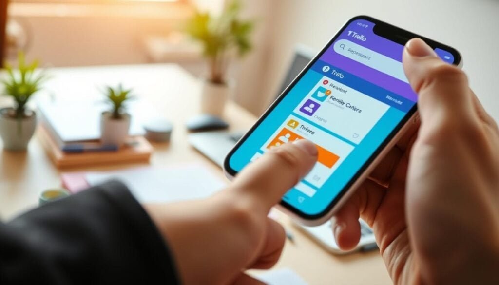 A close-up view of a modern smartphone displaying a Trello app interface, showcasing a card representation with vibrant colors. The foreground features the phone prominently, with a hand in business attire gently tapping on the screen, emphasizing user interaction. In the middle, a blurred desktop workspace is visible, adorned with office supplies like a notepad, a plant, and a laptop, suggesting a busy professional environment. The background includes a soft-focus window showing natural daylight streaming in, creating a warm, productive atmosphere. The lighting is bright and inviting, highlighting the clarity of the smartphone’s screen. This image captures a sense of organization and focus, perfect for illustrating efficient mobile task management.