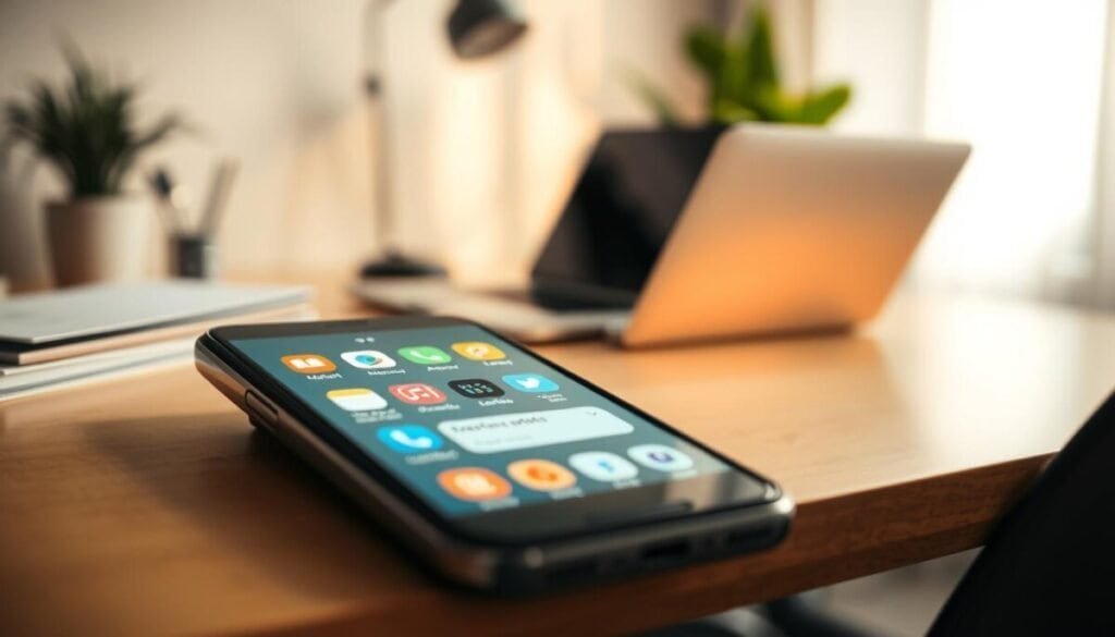 A close-up view of a modern smartphone displaying a dynamic array of mobile notifications, such as meeting alerts and chat messages. In the foreground, the phone screen glows softly with brightly colored notification icons, symbolizing various communication apps. The middle ground features a blurred background of a cozy workspace, complete with a stylish desk, a laptop, and a plant for a touch of warmth. The ambient lighting is soft and inviting, suggesting a focused atmosphere, with gentle shadows. The angle is slightly tilted, giving a dynamic perspective. The mood is calm yet engaged, emphasizing the need for managing mobile alerts effectively during work hours. A close-up view of a modern smartphone displaying a dynamic array of mobile notifications, such as meeting alerts and chat messages. In the foreground, the phone screen glows softly with brightly colored notification icons, symbolizing various communication apps. The middle ground features a blurred background of a cozy workspace, complete with a stylish desk, a laptop, and a plant for a touch of warmth. The ambient lighting is soft and inviting, suggesting a focused atmosphere, with gentle shadows. The angle is slightly tilted, giving a dynamic perspective. The mood is calm yet engaged, emphasizing the need for managing mobile alerts effectively during work hours.