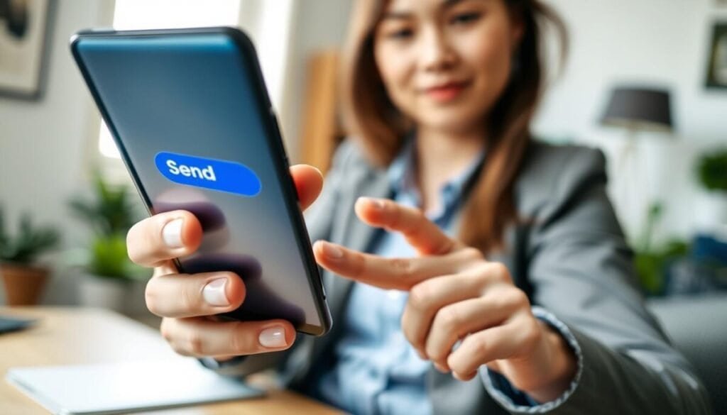 A close-up view of a modern smartphone displaying the Facebook Messenger interface, featuring a highlighted "send" button in bright blue. In the foreground, a casual, professional-looking person with business attire is focused on the phone, tapping the button with an expression of determination. The middle ground shows a blurred background of a well-lit, cozy home office setting, with soft natural light coming through a window, casting gentle shadows. The overall mood is one of productivity and problem-solving, emphasizing the theme of communication and technology. The image is free of any text overlays or logos, focusing solely on the act of sending a message through Messenger. A close-up view of a modern smartphone displaying the Facebook Messenger interface, featuring a highlighted "send" button in bright blue. In the foreground, a casual, professional-looking person with business attire is focused on the phone, tapping the button with an expression of determination. The middle ground shows a blurred background of a well-lit, cozy home office setting, with soft natural light coming through a window, casting gentle shadows. The overall mood is one of productivity and problem-solving, emphasizing the theme of communication and technology. The image is free of any text overlays or logos, focusing solely on the act of sending a message through Messenger.
