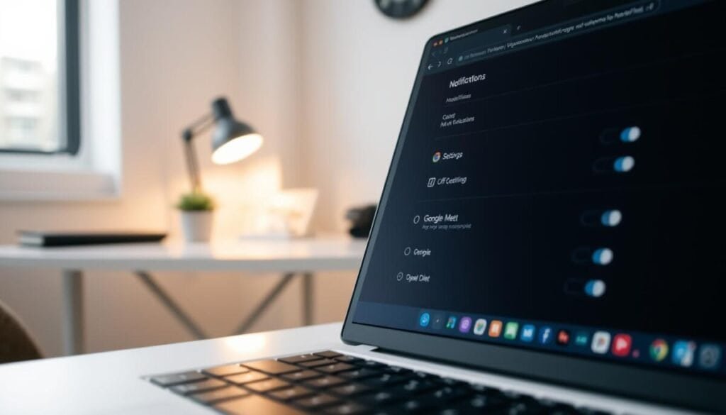 A close-up view of a modern web browser's settings interface, focusing on the notification options for Google Meet. In the foreground, a laptop screen displays a sleek dark-themed browser window with various toggle switches. The settings panel includes clear icons for notifications, with options labeled "On" and "Off," highlighted for emphasis. The middle layer features a blurred background of an organized workspace, including a tidy desk with minimalistic decor, a potted plant, and a soft glow from a desk lamp casting warm light. The atmosphere is calm and professional, evoking a focused work environment. The lens perspective captures a slight angle to showcase the details clearly while maintaining a serene mood, ideal for focusing on productivity. A close-up view of a modern web browser's settings interface, focusing on the notification options for Google Meet. In the foreground, a laptop screen displays a sleek dark-themed browser window with various toggle switches. The settings panel includes clear icons for notifications, with options labeled "On" and "Off," highlighted for emphasis. The middle layer features a blurred background of an organized workspace, including a tidy desk with minimalistic decor, a potted plant, and a soft glow from a desk lamp casting warm light. The atmosphere is calm and professional, evoking a focused work environment. The lens perspective captures a slight angle to showcase the details clearly while maintaining a serene mood, ideal for focusing on productivity.