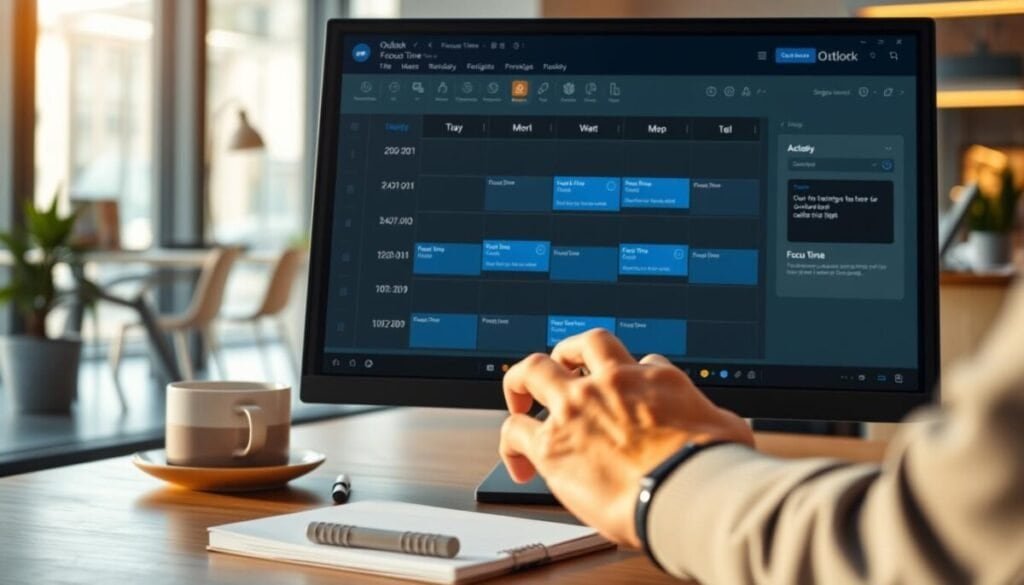 A close-up view of a sleek Outlook Calendar interface displayed on a modern computer screen, showcasing a neatly organized weekly schedule filled with 'Focus Time' blocks highlighted in calming blue tones. In the foreground, a pair of hands, dressed in professional attire, adjusts the calendar settings using a mouse. The middle layer features a softly lit workspace with a stylish desk, a notepad, and a coffee cup, reflecting a productive atmosphere. The background includes a blurred image of a bright office environment, suggesting focus and clarity. The scene is illuminated by warm, natural light coming from a nearby window, creating a serene and focused mood, perfect for cultivating concentration. A close-up view of a sleek Outlook Calendar interface displayed on a modern computer screen, showcasing a neatly organized weekly schedule filled with 'Focus Time' blocks highlighted in calming blue tones. In the foreground, a pair of hands, dressed in professional attire, adjusts the calendar settings using a mouse. The middle layer features a softly lit workspace with a stylish desk, a notepad, and a coffee cup, reflecting a productive atmosphere. The background includes a blurred image of a bright office environment, suggesting focus and clarity. The scene is illuminated by warm, natural light coming from a nearby window, creating a serene and focused mood, perfect for cultivating concentration.