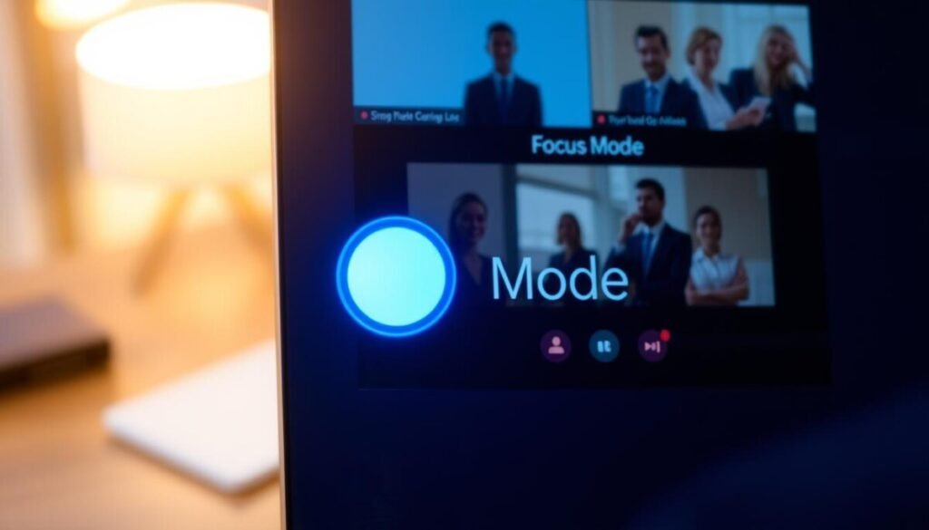 A close-up view of a sleek digital interface displaying a "Focus Mode" toggle switch. In the foreground, the toggle switch is illuminated with a glowing blue color, indicating it is actively engaged. The middle section shows a blurred, stylized representation of a Zoom meeting interface, featuring silhouettes of professional individuals in business attire, engaged and focused, surrounded by icons symbolizing engagement and interaction. The background features a modern workspace setting, softly lit with warm lamp light, conveying a productive and serene atmosphere. The angle is slightly overhead, giving a clear view of the toggle and the meeting interface while maintaining professional aesthetics throughout. No text, watermarks, or distractions are present in the image.