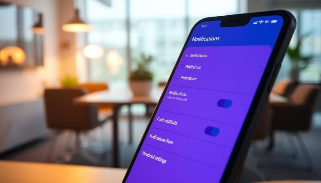 A close-up view of a smartphone displaying a vibrant and detailed interface of the Microsoft Teams mobile app's notification settings. The foreground focuses on the phone, showcasing elegant icons and toggle switches for various notification options, illuminated by soft, warm light to create an inviting atmosphere. The middle ground features a blurred background of a modern office setting, hinting at professionalism with sleek furniture and minimalistic decor. Capture the scene from a slightly elevated angle to emphasize the smartphone, ensuring clarity of the interface elements. The overall mood should be calm and focused, suitable for a productivity-related context, with no text or intrusive elements.