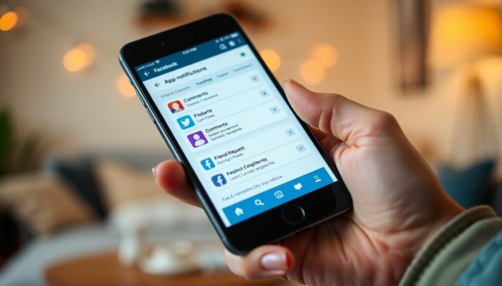 A close-up view of a smartphone displaying colorful Facebook notification icons on its screen, emphasizing the app's interface. In the foreground, a person's hand is holding the phone, showing a casual and engaged posture, dressed in a modest casual outfit. In the middle ground, the smartphone's screen features prominent notifications with icons for likes, comments, and friend requests, designed in a sleek, modern style. The background is softly blurred to give a sense of focus on the phone, with a light bokeh effect that suggests a cozy indoor environment. The lighting is warm and inviting, creating a feeling of friendliness and accessibility, indicative of social interactions. The overall atmosphere is vibrant and informative, reflecting the theme of configuring app settings.