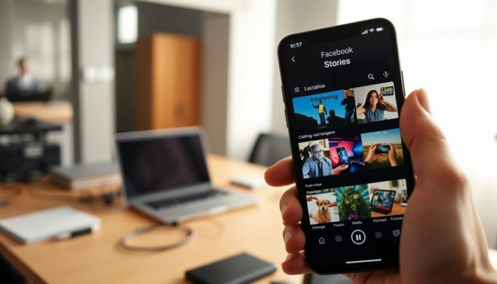 A close-up view of a smartphone displaying the Facebook Stories interface, featuring vibrant and eye-catching story posts in various formats, such as images and short videos. The foreground highlights the phone held in a person's hand, wearing professional business attire, capturing a sense of urgency and focus on the screen. In the middle ground, a blurred desk cluttered with technical equipment, like a laptop and cables, suggests the importance of verifying technical requirements. The background features a softly lit modern office environment, creating a warm and inviting atmosphere. The overall mood is one of determination and problem-solving, with soft natural lighting accentuating the details of the smartphone and stories displayed. The angle is slightly tilted to give a dynamic perspective, emphasizing the stories and the technical setup. A close-up view of a smartphone displaying the Facebook Stories interface, featuring vibrant and eye-catching story posts in various formats, such as images and short videos. The foreground highlights the phone held in a person's hand, wearing professional business attire, capturing a sense of urgency and focus on the screen. In the middle ground, a blurred desk cluttered with technical equipment, like a laptop and cables, suggests the importance of verifying technical requirements. The background features a softly lit modern office environment, creating a warm and inviting atmosphere. The overall mood is one of determination and problem-solving, with soft natural lighting accentuating the details of the smartphone and stories displayed. The angle is slightly tilted to give a dynamic perspective, emphasizing the stories and the technical setup.