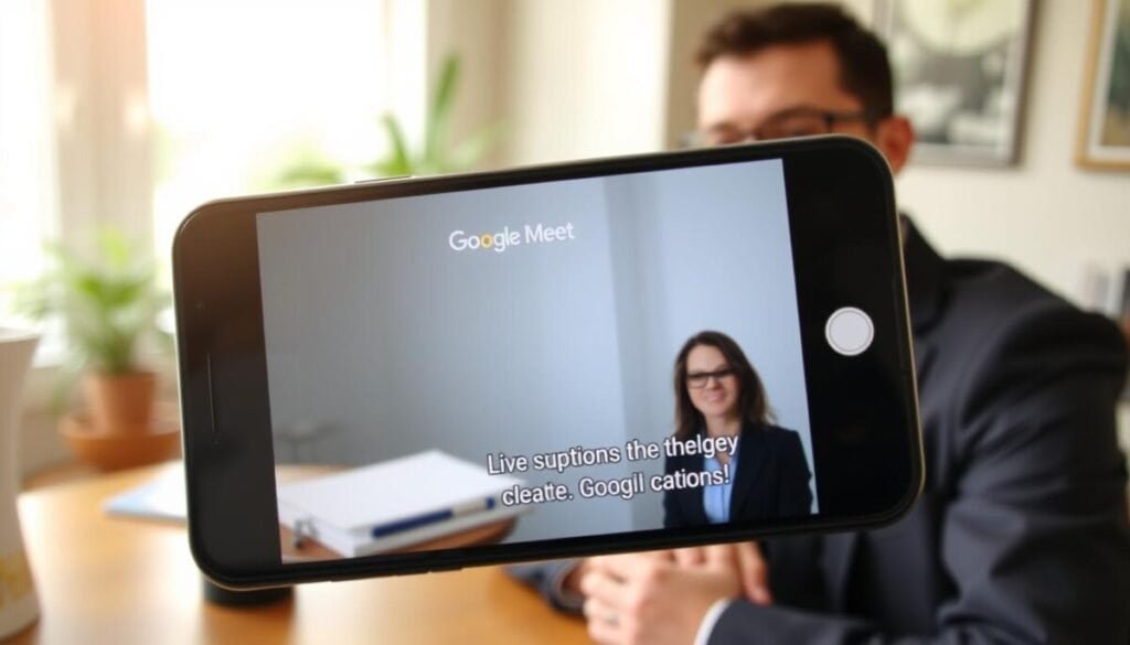 A close-up view of a smartphone displaying the Google Meet mobile app interface with live captions activated. The screen shows clearly legible subtitles in a modern font, providing a lively conversation backdrop. In the foreground, a professional person in business attire is attentively engaging with the app, their face showing interest. They are sitting at a cozy desk with a subtle plant and notebook in the middle ground, hinting at a productive environment. The background is softly blurred, suggesting a well-lit home office with warm tones. Natural light streams through a nearby window, creating a friendly and inviting atmosphere, emphasizing the ease of communication through technology.