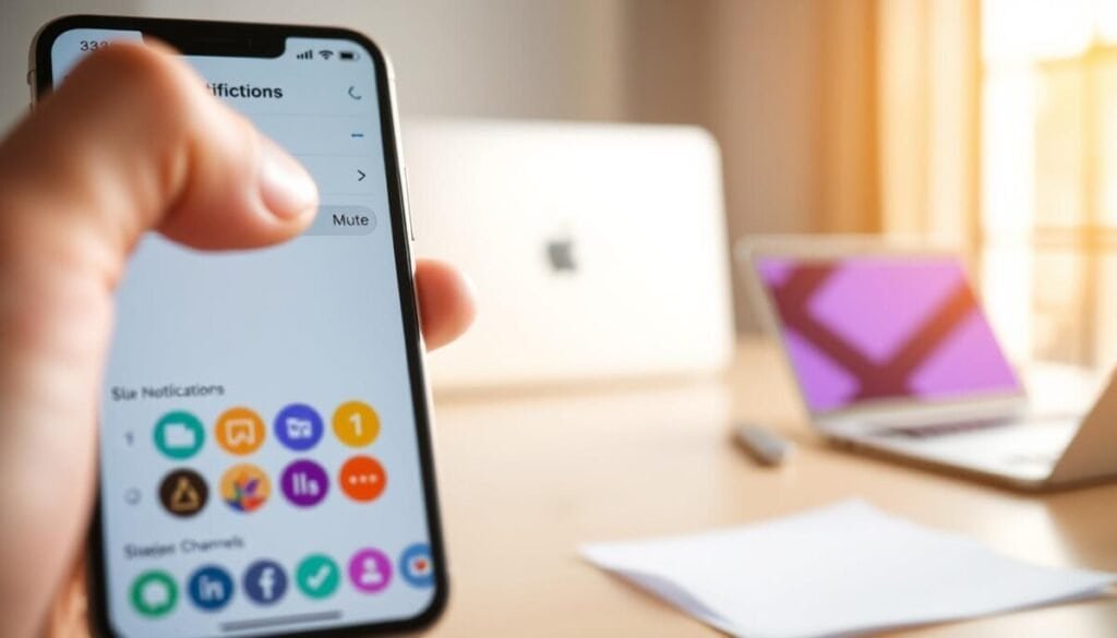 A close-up view of a smartphone displaying the Slack mobile app interface, focused on the notification settings screen. The foreground features a hand gently tapping the "Mute" toggle switch, emphasizing the action of silencing notifications. In the middle ground, the vibrant icons of various Slack channels are visible, illustrating a mix of colors to indicate different topics. The background is softly blurred, showcasing a modern workspace with a sleek desk and a faint outline of a laptop, creating a professional atmosphere. Natural light filters in from a nearby window, casting a warm glow over the scene, enhancing the mood of calmness and concentration. The overall composition should convey a sense of productivity and focus, with no text or distractions in the image.