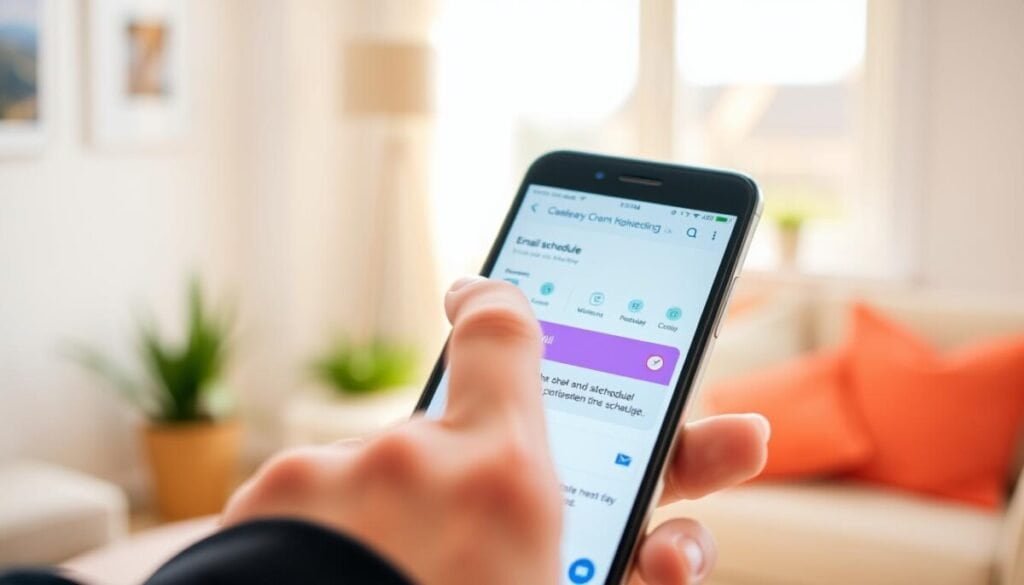 A close-up view of a smartphone screen displaying a vibrant and user-friendly email scheduling interface within a mobile app. The foreground features a hand in a professional business attire, tapping on the screen to select an email scheduling option. In the middle ground, visual elements such as calendar icons, clock symbols, and colorful Gmail branding are clearly visible. The background shows a soft, blurred home environment with warm daylight filtering through a nearby window, creating a bright and inviting atmosphere. The image captures a sense of productivity and modern technology, emphasizing the ease of scheduling emails on the go. The lighting is bright and natural, evoking a sense of casual professionalism. A close-up view of a smartphone screen displaying a vibrant and user-friendly email scheduling interface within a mobile app. The foreground features a hand in a professional business attire, tapping on the screen to select an email scheduling option. In the middle ground, visual elements such as calendar icons, clock symbols, and colorful Gmail branding are clearly visible. The background shows a soft, blurred home environment with warm daylight filtering through a nearby window, creating a bright and inviting atmosphere. The image captures a sense of productivity and modern technology, emphasizing the ease of scheduling emails on the go. The lighting is bright and natural, evoking a sense of casual professionalism.