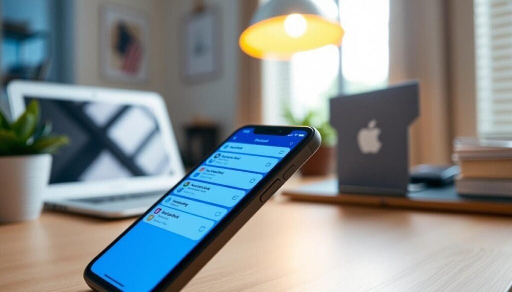 A close-up view of an iPhone displaying a vibrant notification screen with various app alerts prominently including Facebook, all against a softly blurred background of a cozy, modern workspace. The foreground captures the phone at an angle that showcases the sleek design and vivid colors of the notifications. In the middle ground, a warm, natural light filters in from a nearby window, enhancing the inviting atmosphere. The background subtly hints at a tidy desk with a laptop and a plant, suggesting a productive environment. The overall mood is one of focus and clarity, aiming to illustrate the connectivity and engagement aspect of using mobile notifications.