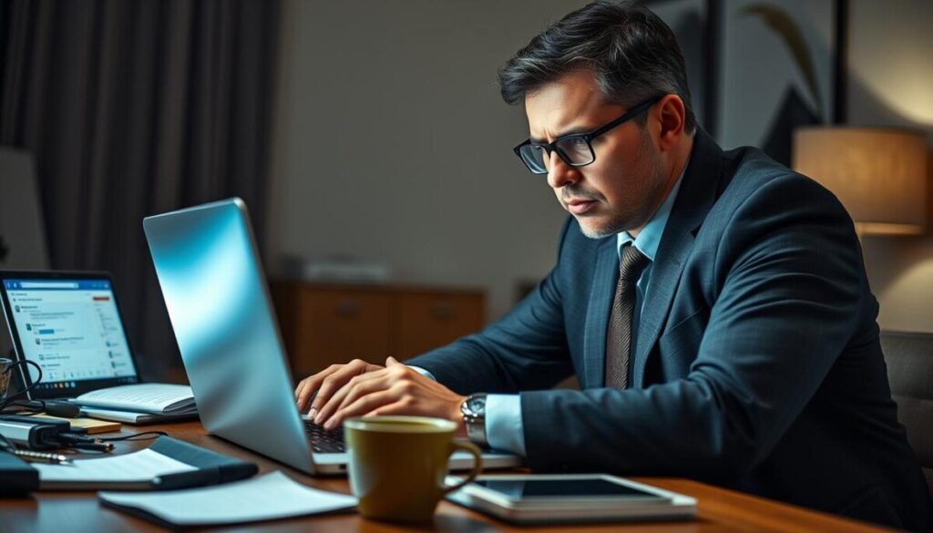 A concerned individual in professional business attire is sitting at a desk, intently using a laptop to manage a Facebook account that's been compromised. Their expression shows determination and focus as they navigate a complex process of securing their online identity. In the foreground, a cluttered desk reveals various cybersecurity tools like a notepad, smartphone, and a cup of coffee, hinting at a late-night effort to handle the situation. The middle ground features a captivating screen glow from the laptop, showcasing alert notifications and messages on the Facebook interface. The background is softly blurred, depicting a dimly lit room, enhancing the atmosphere of urgency and concern. Soft, overhead lighting casts focused light on the subject and the laptop, creating a mood of concentration and seriousness. A concerned individual in professional business attire is sitting at a desk, intently using a laptop to manage a Facebook account that's been compromised. Their expression shows determination and focus as they navigate a complex process of securing their online identity. In the foreground, a cluttered desk reveals various cybersecurity tools like a notepad, smartphone, and a cup of coffee, hinting at a late-night effort to handle the situation. The middle ground features a captivating screen glow from the laptop, showcasing alert notifications and messages on the Facebook interface. The background is softly blurred, depicting a dimly lit room, enhancing the atmosphere of urgency and concern. Soft, overhead lighting casts focused light on the subject and the laptop, creating a mood of concentration and seriousness.