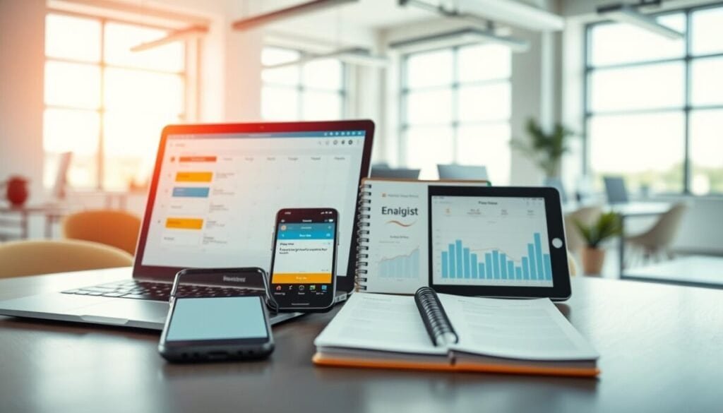 A contemporary office desk scene focusing on essential scheduling tools for social media. Foreground features a sleek laptop displaying a colorful calendar app with highlighted posting times. A smartphone beside it shows a notification for optimal engagement. In the middle, a stylish planner and a digital tablet display graphs of engagement metrics, symbolizing the analysis of posting strategies. The background reveals a bright, airy office environment with large windows letting in natural light, creating a warm and motivating atmosphere. Utilize a shallow depth of field to emphasize the tools in the foreground while maintaining a soft focus on the office setting. The overall mood is organized, efficient, and modern, conveying the importance of streamlined scheduling for social media management. A contemporary office desk scene focusing on essential scheduling tools for social media. Foreground features a sleek laptop displaying a colorful calendar app with highlighted posting times. A smartphone beside it shows a notification for optimal engagement. In the middle, a stylish planner and a digital tablet display graphs of engagement metrics, symbolizing the analysis of posting strategies. The background reveals a bright, airy office environment with large windows letting in natural light, creating a warm and motivating atmosphere. Utilize a shallow depth of field to emphasize the tools in the foreground while maintaining a soft focus on the office setting. The overall mood is organized, efficient, and modern, conveying the importance of streamlined scheduling for social media management.