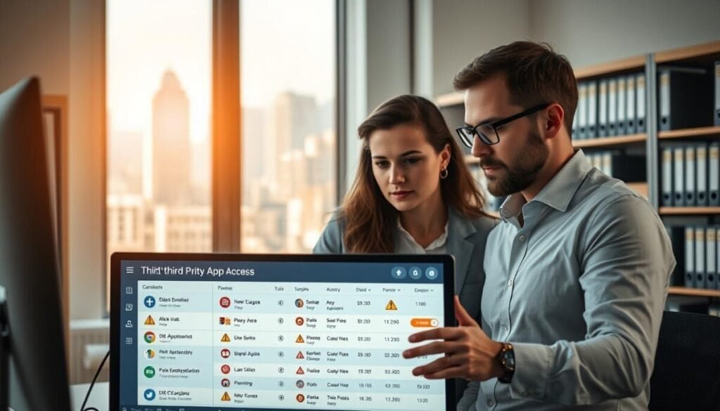 A contemporary office setting in the foreground features a professional man and woman intently reviewing a computer screen displaying a third-party app access list. The middle layer shows a large digital dashboard with various icons representing different applications, highlighted with warning signs and data security indicators. The background includes shelves filled with files and a window showcasing a bustling cityscape bathed in soft, natural light, evoking a sense of urgency and focus. The scene is captured with a slight zoom lens to emphasize the interaction among the individuals, conveying an atmosphere of diligence and responsibility in protecting personal data. Overall, the image reflects a serious commitment to cybersecurity and data protection. A contemporary office setting in the foreground features a professional man and woman intently reviewing a computer screen displaying a third-party app access list. The middle layer shows a large digital dashboard with various icons representing different applications, highlighted with warning signs and data security indicators. The background includes shelves filled with files and a window showcasing a bustling cityscape bathed in soft, natural light, evoking a sense of urgency and focus. The scene is captured with a slight zoom lens to emphasize the interaction among the individuals, conveying an atmosphere of diligence and responsibility in protecting personal data. Overall, the image reflects a serious commitment to cybersecurity and data protection.