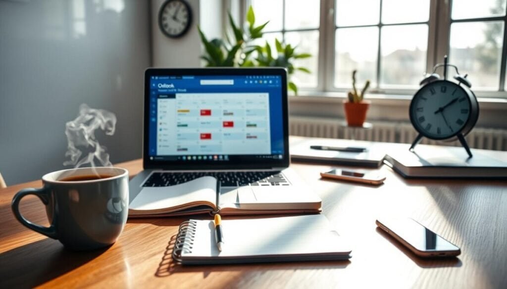 A cozy office space during daytime, featuring a modern wooden desk with a sleek laptop open to the Microsoft Outlook calendar displaying a focused work session. In the foreground, a steaming cup of coffee sits beside a neatly organized planner and a smartphone. The middle ground shows a soft-focus potted plant and a wall clock indicating dedicated focus time. The background captures large windows letting in natural light, creating a warm and inviting atmosphere. Soft shadows play across the desk, enhancing the tranquil vibe of productivity. The overall mood is one of concentration and balance, ideal for encouraging efficient work sessions in a professional setting. A cozy office space during daytime, featuring a modern wooden desk with a sleek laptop open to the Microsoft Outlook calendar displaying a focused work session. In the foreground, a steaming cup of coffee sits beside a neatly organized planner and a smartphone. The middle ground shows a soft-focus potted plant and a wall clock indicating dedicated focus time. The background captures large windows letting in natural light, creating a warm and inviting atmosphere. Soft shadows play across the desk, enhancing the tranquil vibe of productivity. The overall mood is one of concentration and balance, ideal for encouraging efficient work sessions in a professional setting.