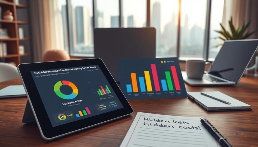 A detailed and visually appealing illustration showcasing various social media scheduling pricing models. In the foreground, a sleek digital tablet displays colorful pie charts and bar graphs highlighting different pricing tiers for social media tools. In the middle, a modern office workspace includes a laptop, coffee cup, and a notepad with notes about hidden costs. The background features a large window revealing a cityscape, with soft, natural light streaming in, creating an inviting atmosphere. The overall mood is professional and informative, with a focus on clarity and organization. The scene is captured with a wide-angle lens to emphasize the workspace's openness, ensuring no text or branding is present, just an engaging representation of pricing models. A detailed and visually appealing illustration showcasing various social media scheduling pricing models. In the foreground, a sleek digital tablet displays colorful pie charts and bar graphs highlighting different pricing tiers for social media tools. In the middle, a modern office workspace includes a laptop, coffee cup, and a notepad with notes about hidden costs. The background features a large window revealing a cityscape, with soft, natural light streaming in, creating an inviting atmosphere. The overall mood is professional and informative, with a focus on clarity and organization. The scene is captured with a wide-angle lens to emphasize the workspace's openness, ensuring no text or branding is present, just an engaging representation of pricing models.