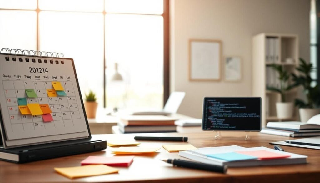 A detailed calendar workspace scene, featuring a prominent desk calendar displaying the current month with clearly marked dates. In the foreground, there are colorful sticky notes and a sleek laptop opened to a PowerShell script, with a focus on managing resource mailbox conflicts. In the middle ground, an organized office desk with a minimalist design and professional stationery, highlighting productivity. The background includes a large window revealing a sunny office environment, enhancing a bright and positive mood, with natural light illuminating the space. Use a 35mm lens angle for depth, capturing the serene atmosphere of efficient office management, ensuring the image remains professional and clean without any text, overlays, or distractions.