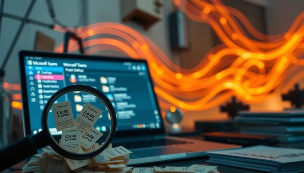 A detailed close-up of a cluttered desktop environment showcasing the Microsoft Teams application with elements representing cache, such as folders and files styled with a glowing effect. In the foreground, a magnifying glass reveals intricately labeled cache files, while in the middle, a laptop displays the Microsoft Teams interface showing a busy status menu. The background features an abstract representation of data flow, with streams of light symbolizing synchronization between Microsoft Teams and Outlook. The lighting is bright yet soft, giving a professional atmosphere, while the angle is slightly tilted for a dynamic view. The overall mood conveys a tech-savvy workspace focused on troubleshooting, suitable for a professional article setting.