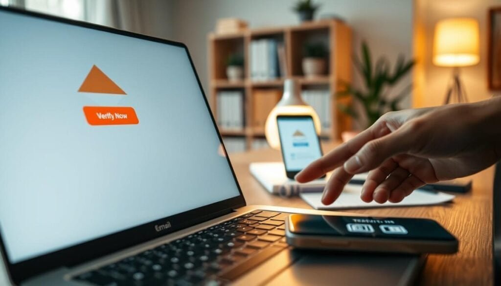 A detailed depiction of email verification, focusing on a modern workspace. In the foreground, a sleek laptop displays an email inbox with an open message titled "Verify Your Email." A hand reaches out to click a brightly colored button that reads "Verify Now." The middle layer features a soft glow from a desk lamp illuminating a notepad with tech doodles and a smartphone displaying a two-factor authentication code. The background is a blurred office setting with a soft-focus bookshelf and a potted plant, adding a sense of organization and calm. Utilize soft, warm lighting to create a productive atmosphere. Capture the moment from a slightly elevated angle to emphasize interaction with technology, encouraging a mood of focus and resolution. A detailed depiction of email verification, focusing on a modern workspace. In the foreground, a sleek laptop displays an email inbox with an open message titled "Verify Your Email." A hand reaches out to click a brightly colored button that reads "Verify Now." The middle layer features a soft glow from a desk lamp illuminating a notepad with tech doodles and a smartphone displaying a two-factor authentication code. The background is a blurred office setting with a soft-focus bookshelf and a potted plant, adding a sense of organization and calm. Utilize soft, warm lighting to create a productive atmosphere. Capture the moment from a slightly elevated angle to emphasize interaction with technology, encouraging a mood of focus and resolution.