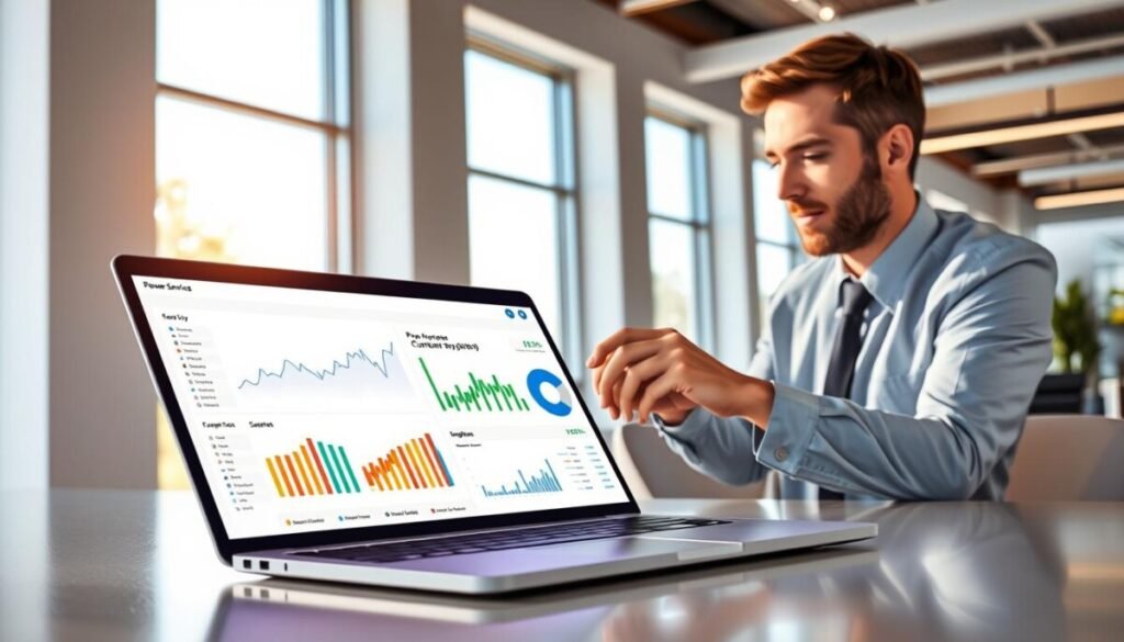 A detailed digital illustration of a power service report being generated within Microsoft Power BI. In the foreground, a sleek laptop displays vibrant data visualizations, graphs, and charts related to power services, with smooth lines and inscriptions that reflect analytical data trends. In the middle ground, a professional in business attire interacts with the laptop, examining the report, showcasing concentration and engagement. The background features a modern office with large windows allowing natural light to filter in, casting soft shadows that enhance the professional atmosphere. The colors are balanced and inviting, with a calm and organized vibe, emphasizing clarity and efficiency in data reporting. The angle is slightly above eye level to capture both the professional’s expression and the dynamic screen details without text or distractions. A detailed digital illustration of a power service report being generated within Microsoft Power BI. In the foreground, a sleek laptop displays vibrant data visualizations, graphs, and charts related to power services, with smooth lines and inscriptions that reflect analytical data trends. In the middle ground, a professional in business attire interacts with the laptop, examining the report, showcasing concentration and engagement. The background features a modern office with large windows allowing natural light to filter in, casting soft shadows that enhance the professional atmosphere. The colors are balanced and inviting, with a calm and organized vibe, emphasizing clarity and efficiency in data reporting. The angle is slightly above eye level to capture both the professional’s expression and the dynamic screen details without text or distractions.