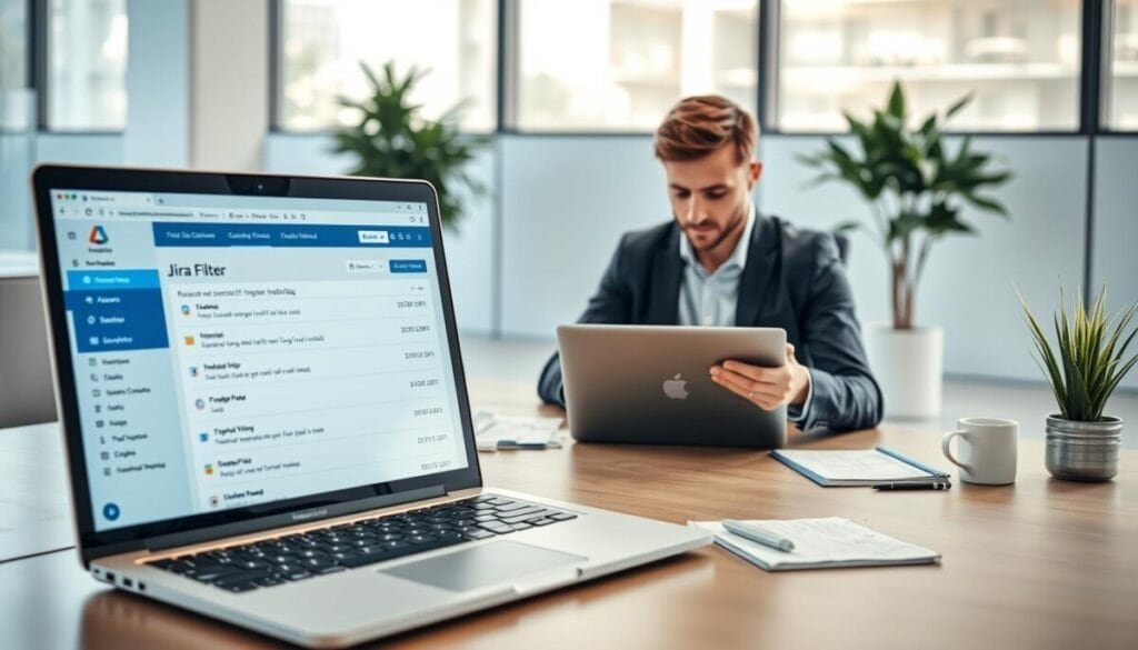 A detailed digital workspace depicting a Jira filter in action. In the foreground, an elegant laptop screen displays the Jira interface with various filters applied, clearly showing reduced notification noise. The middle layer features a focused professional sitting at a modern desk, wearing smart casual attire, actively configuring filters on the laptop. Surrounding them are notepads, a coffee mug, and a plant, adding a touch of warmth to the setting. The background reveals a minimalist office environment with large windows allowing soft, natural light to filter in, creating a productive atmosphere. The angle is slightly tilted from above, providing a comprehensive view of the configuration process, emphasizing clarity and organization. The overall mood is one of focus, efficiency, and teamwork. A detailed digital workspace depicting a Jira filter in action. In the foreground, an elegant laptop screen displays the Jira interface with various filters applied, clearly showing reduced notification noise. The middle layer features a focused professional sitting at a modern desk, wearing smart casual attire, actively configuring filters on the laptop. Surrounding them are notepads, a coffee mug, and a plant, adding a touch of warmth to the setting. The background reveals a minimalist office environment with large windows allowing soft, natural light to filter in, creating a productive atmosphere. The angle is slightly tilted from above, providing a comprehensive view of the configuration process, emphasizing clarity and organization. The overall mood is one of focus, efficiency, and teamwork.