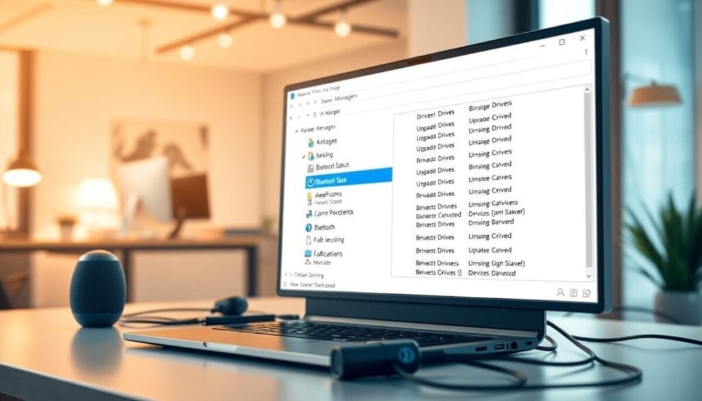 A detailed illustration of a computer screen displaying the Device Manager interface, focused on drivers related to Bluetooth devices. The foreground features highlighted entries for Bluetooth drivers, showcasing upgrade options and device status. In the middle, a sleek laptop sits on a modern workspace desk, with cables neatly arranged and a Bluetooth speaker nearby, symbolizing connectivity issues. The background includes a softly blurred view of a contemporary office, with warm lighting to create a reassuring atmosphere. Capture the scene from a slightly elevated angle to emphasize the screen and workspace while maintaining clarity of details. The overall mood is professional and tech-savvy, ideal for a troubleshooting guide. A detailed illustration of a computer screen displaying the Device Manager interface, focused on drivers related to Bluetooth devices. The foreground features highlighted entries for Bluetooth drivers, showcasing upgrade options and device status. In the middle, a sleek laptop sits on a modern workspace desk, with cables neatly arranged and a Bluetooth speaker nearby, symbolizing connectivity issues. The background includes a softly blurred view of a contemporary office, with warm lighting to create a reassuring atmosphere. Capture the scene from a slightly elevated angle to emphasize the screen and workspace while maintaining clarity of details. The overall mood is professional and tech-savvy, ideal for a troubleshooting guide.